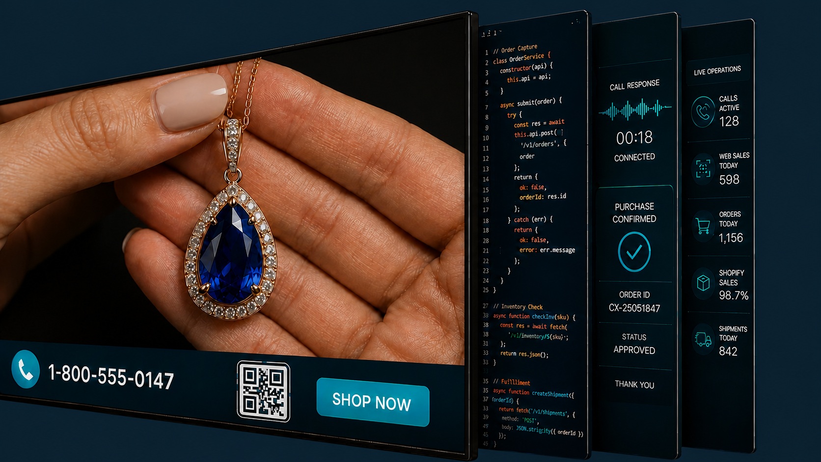 Hands present a sapphire pendant on shopping television, with software, call response, web sales, Shopify sales, and fulfillment shown in layers behind the screen.
